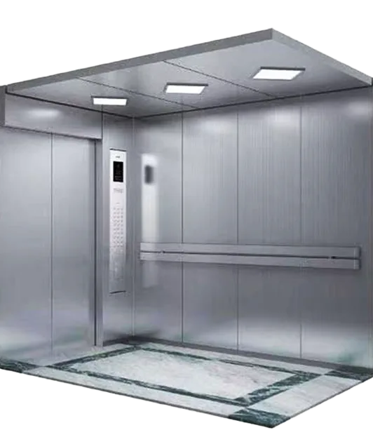 Hospital bed lift elevator featuring a sleek marble floor and transparent glass doors.