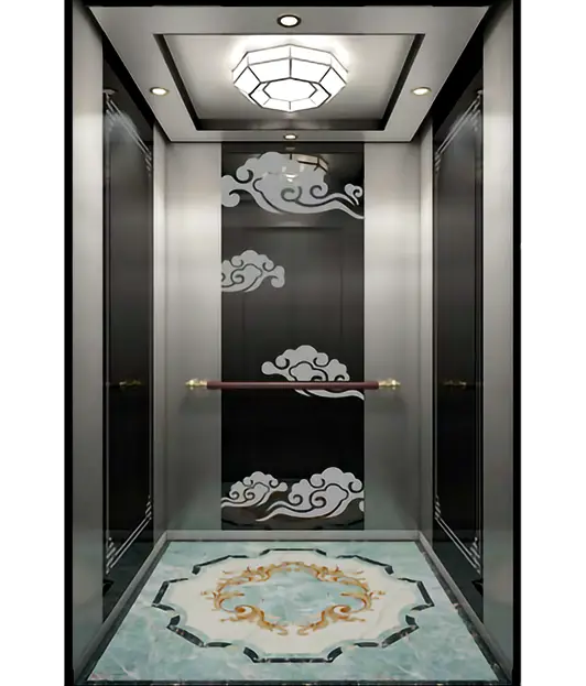 Passenger elevator featuring an elegant gold and white design, showcasing a modern and luxurious aesthetic.