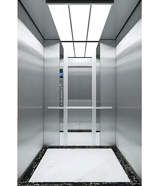 A passenger elevator featuring a polished marble floor and elegant decorative design.