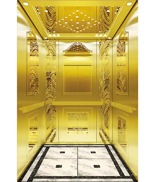 Golden Mirror Stainless Steel Paneled Passenger Elevator.