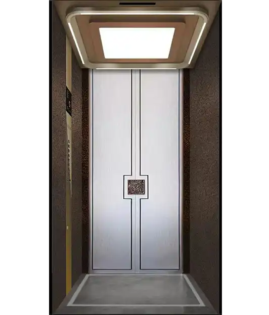 Interior view of a home lift with two doors and a light, showcasing a modern villa elevator design.