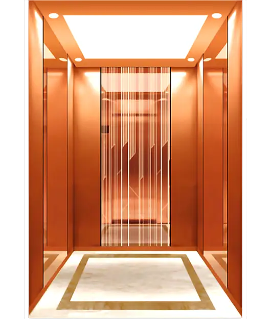 Rose gold stainless steel framed passenger elevator.