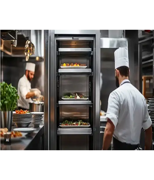 two shefs are placing food inside a food lift