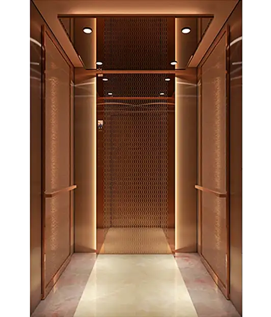 An elegant passenger elevator with a copper finish and a bright overhead light.