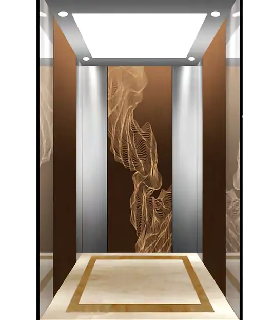 A passenger lift featuring a stylish brown and white design, showcasing modern elevator aesthetics.